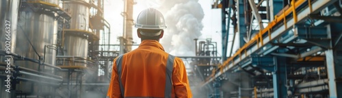 Industrial Worker Standing Before a Refinery