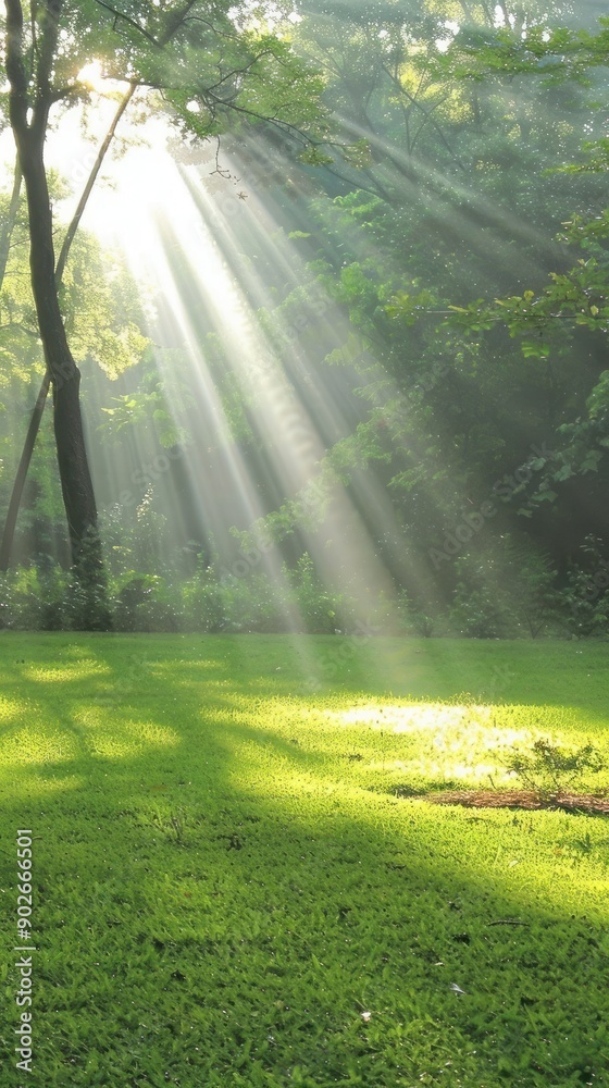 Obraz premium Sunlight beams creating ethereal scene on forest floor