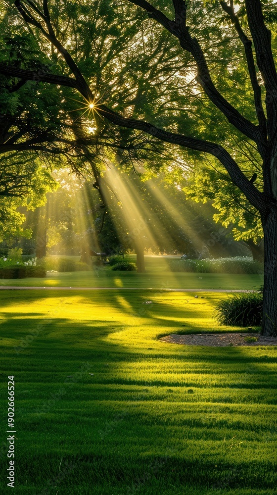 Naklejka premium Morning sun rays streaming through a tree