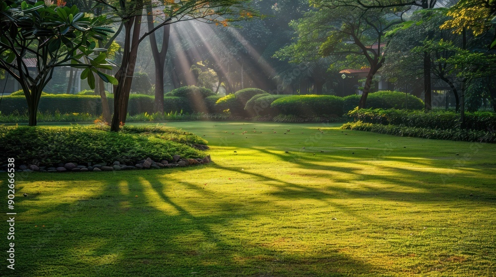 Obraz premium Sunlit green park with trees casting long shadows.