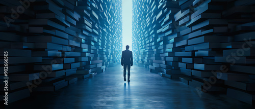 Businessperson walking into a labyrinth of tax forms, depicting tax complexity