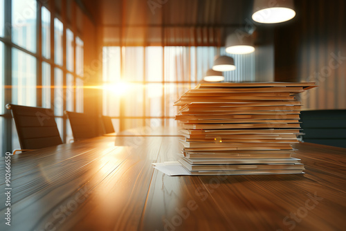 Debt collection agency office with stacks of files, business debt concept