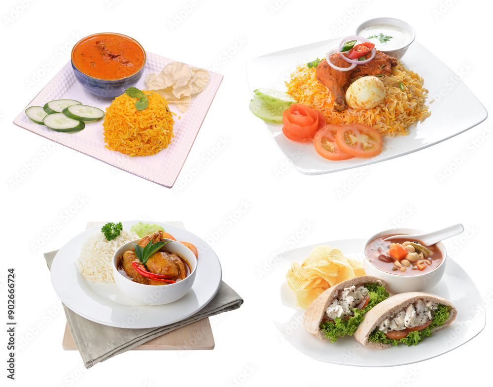 chicken tuna salad kebab open pocket bread soup and nasi briyani chicken egg and spicy curry rice healthy set in plate on white background asian halal food cuisine vegan menu for cafe design chicken tuna salad kebab open pocket bread soup and nasi briyani chicken egg and spicy curry rice healthy set in plate on white background asian halal food cuisine vegan menu for cafe design