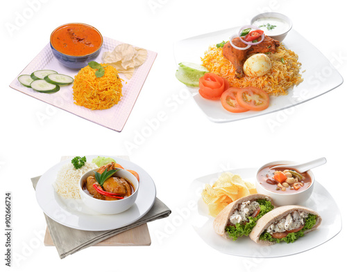 chicken tuna salad kebab open pocket bread soup and nasi briyani chicken egg and spicy curry rice healthy set in plate on white background asian halal food cuisine vegan menu for cafe design