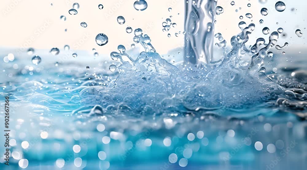 Water flowing from the faucet, white background, water droplets splashing.