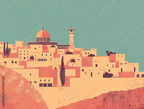 Wallpaper Mural Risograph artistic riso print travel poster, card, wallpaper or banner illustration, modern, isolated, clear, simple of Hebron, Palestine. Artistic, screen printing, stencil Torontodigital.ca