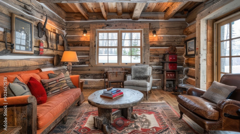 A cozy living room with a large orange couch, a coffee table, and a few chairs A cozy living room with a large orange couch, a coffee table, and a few chairs