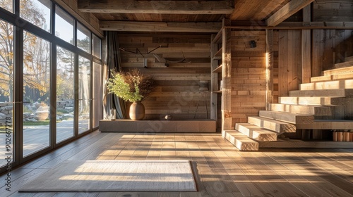 A large open room with wooden floors and a staircase