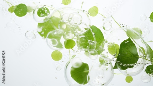 Herbal leaves encased in bubbles: natural beauty science concept on white background, showcasing herbal medicine and organic skincare ingredients for holistic wellness and scientific innovation


