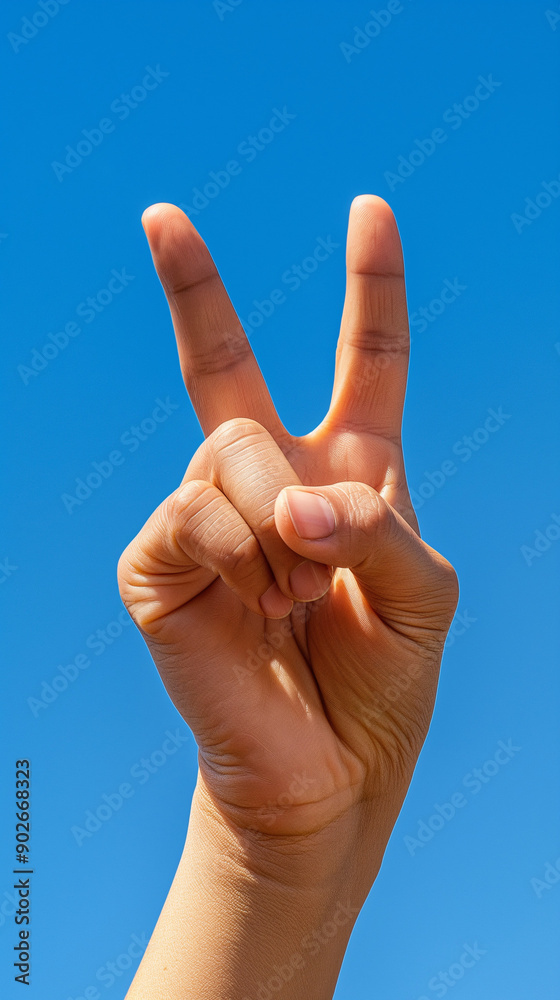 Hand Making Victory Sign Against Blue Sky with Copy Space Hand Making Victory Sign Against Blue Sky with Copy Space