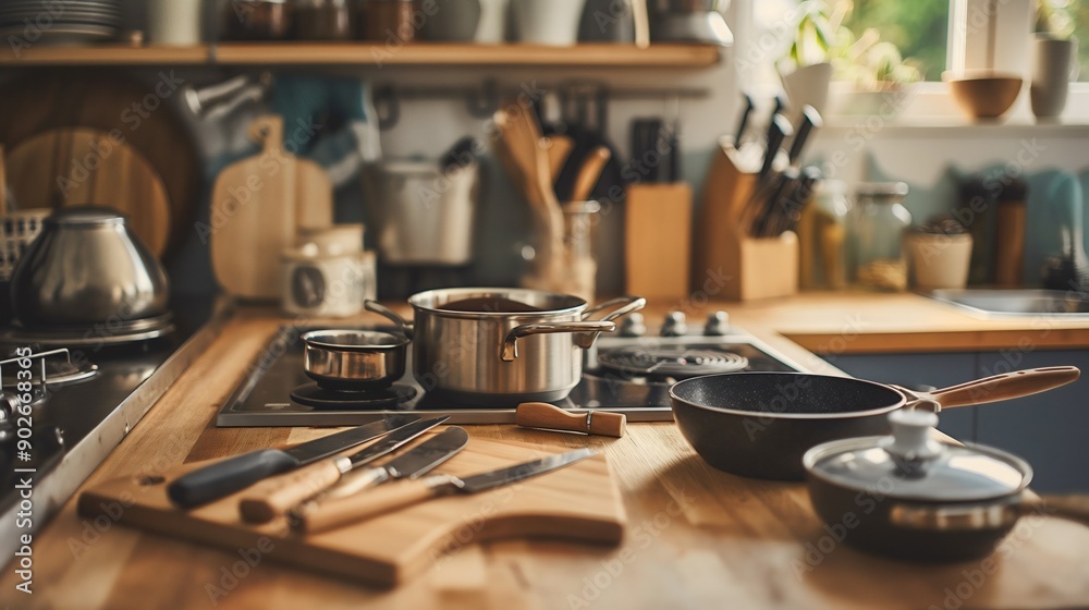 Kitchen equipment, accessories for food cooking. Restaurant kitchen, cuisine. Metal meal preparation collection. Culinary pan, pot, knives and spoons. Wooden cutting board, dinner dish wash, household Kitchen equipment, accessories for food cooking. Restaurant kitchen, cuisine. Metal meal preparation collection. Culinary pan, pot, knives and spoons. Wooden cutting board, dinner dish wash, household