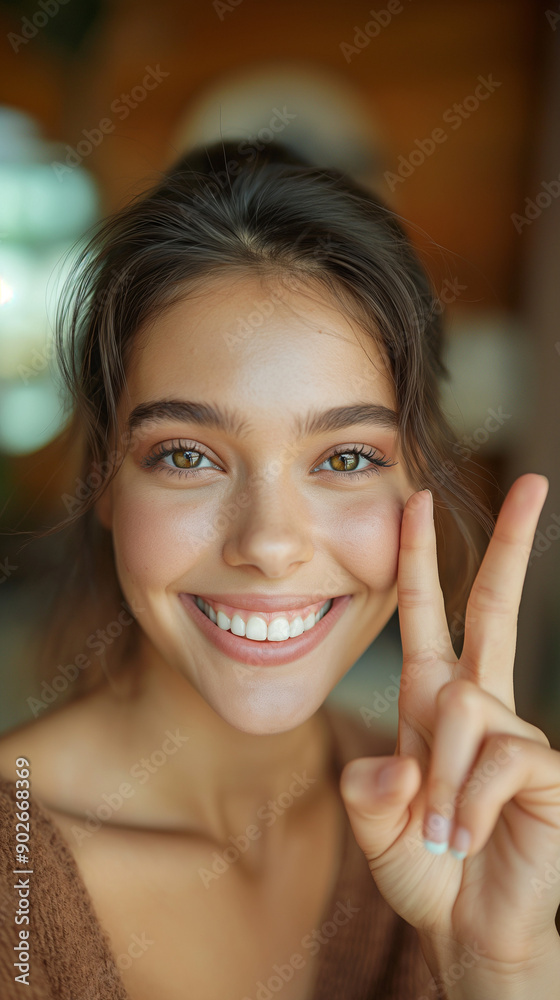 Smiling Woman Showing Victory Sign Indoors Smiling Woman Showing Victory Sign Indoors