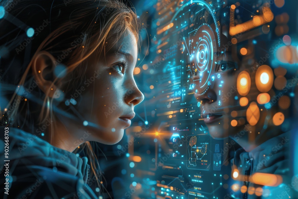 Young Girl Interacting with Futuristic Digital Interface, Holographic Technology, and Virtual Reality Elements Young Girl Interacting with Futuristic Digital Interface, Holographic Technology, and Virtual Reality Elements