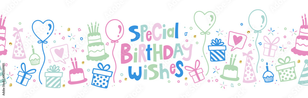 Fun hand drawn party seamless background with cakes, gift boxes, balloons and party decoration. Great for birthday parties, textiles, banners, wallpapers, wrapping - vector design Fun hand drawn party seamless background with cakes, gift boxes, balloons and party decoration. Great for birthday parties, textiles, banners, wallpapers, wrapping - vector design