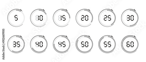A set of digital timer icons with arrows. For five, ten, fifteen minutes, etc. Stopwatches.