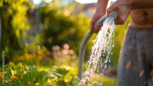 Man watering backyard garden with hose. Summer irrigation system, vegetable plant flower growth, agricultural organic farm equipment, village lifestyle, outdoor sprinklers, horticulture maintenance