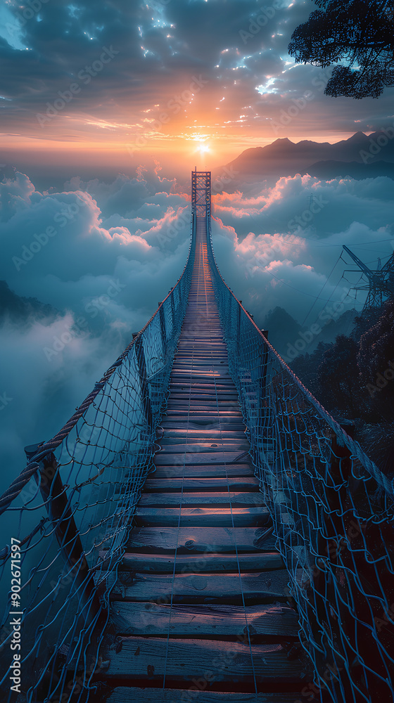 Fototapeta premium photo manipulation of a pier bridge above the clouds in vertical view