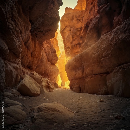 A sunlit view of a narrow sandstone canyon passage, with soft light illuminating the sandy ground. Perfect for nature, travel, or adventure themes.