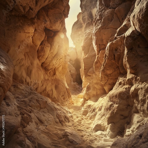 A sunlit view of a narrow sandstone canyon passage, with soft light illuminating the sandy ground. Perfect for nature, travel, or adventure themes.