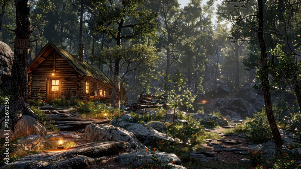 A cabin in the woods with a fireplace and a porch light A cabin in the woods with a fireplace and a porch light