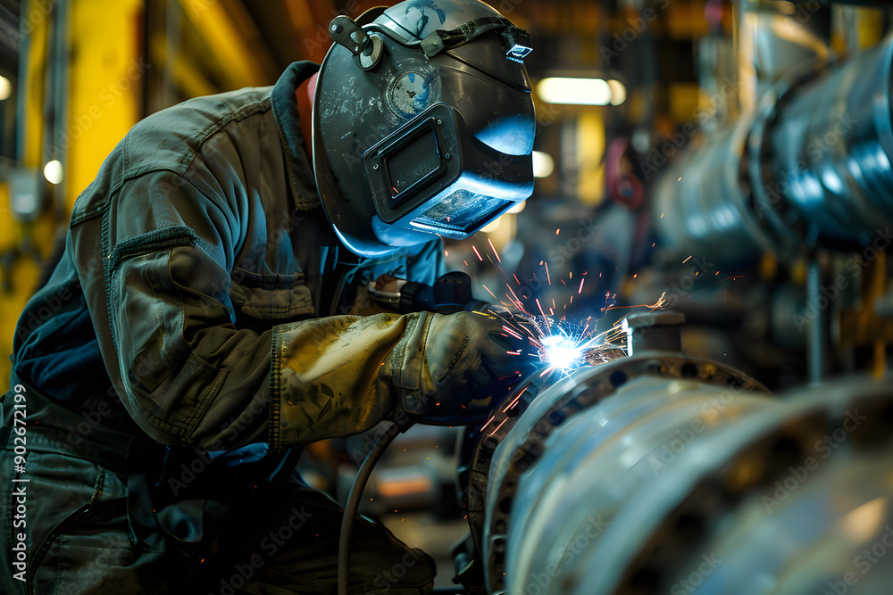 Welder is welding several pieces together to make them stick together Welder is welding several pieces together to make them stick together