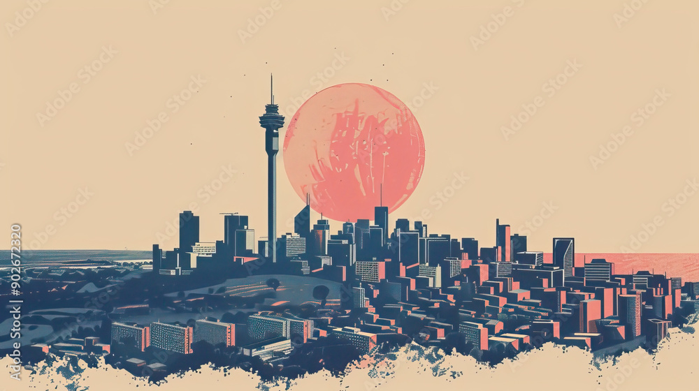 Fototapeta premium Risograph vibrant riso print travel poster, card, wallpaper or banner illustration, modern, isolated, clear, simple of Johannesburg, South Africa. Artistic, screen printing, stencil
