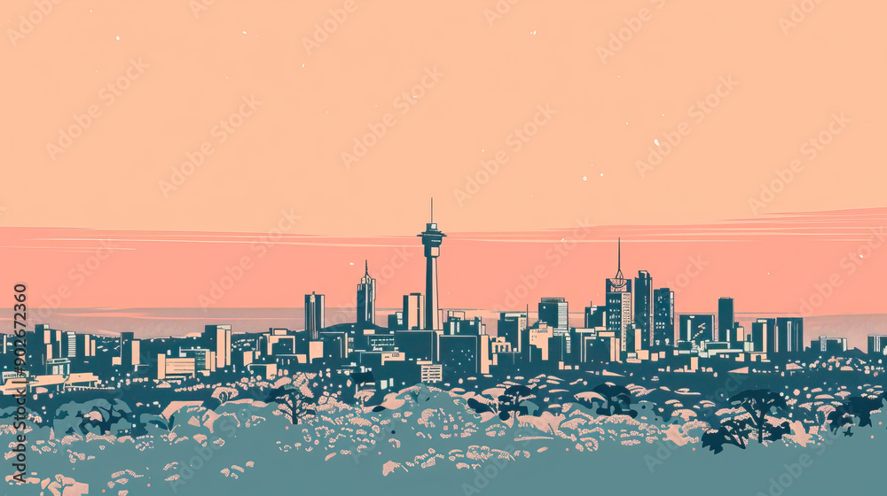 Obraz premium Risograph vibrant riso print travel poster, card, wallpaper or banner illustration, modern, isolated, clear, simple of Johannesburg, South Africa. Artistic, screen printing, stencil