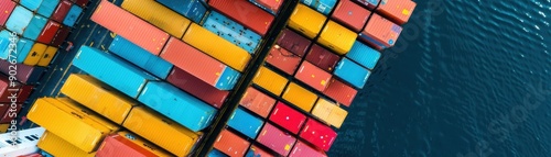 Arial View of Vibrant Shipping Containers on Industrial Dock near Blue Ocean Water photo