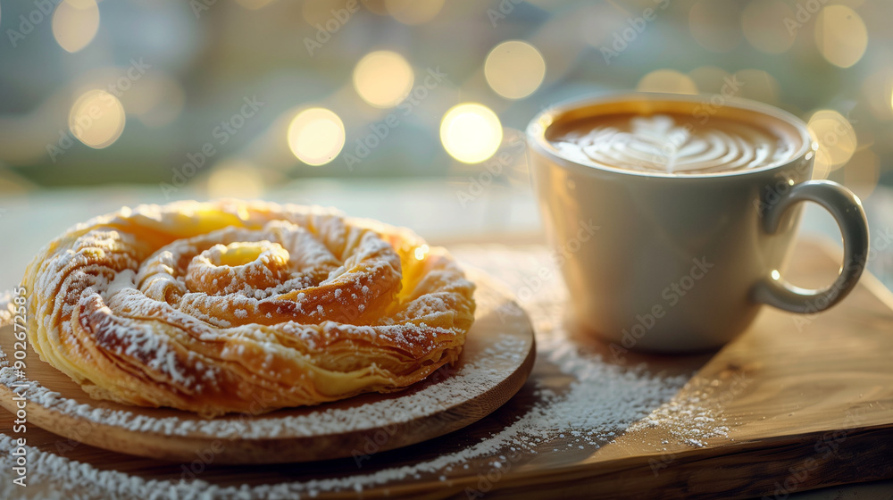 A close-up photo of an elegant, spiral-shaped pastry on a wooden board with the top dusted in white confectioner's sugar and placed next to it is a cup filled with latte coffee, cr A close-up photo of an elegant, spiral-shaped pastry on a wooden board with the top dusted in white confectioner's sugar and placed next to it is a cup filled with latte coffee, cr