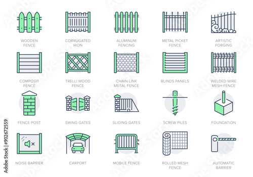 Fence types line icons. Vector illustration include icon - chainlink, wood, blinds panels, masonry, artistic forging metal gates outline pictogram for guardrail. Editable Stroke, Green Color photo