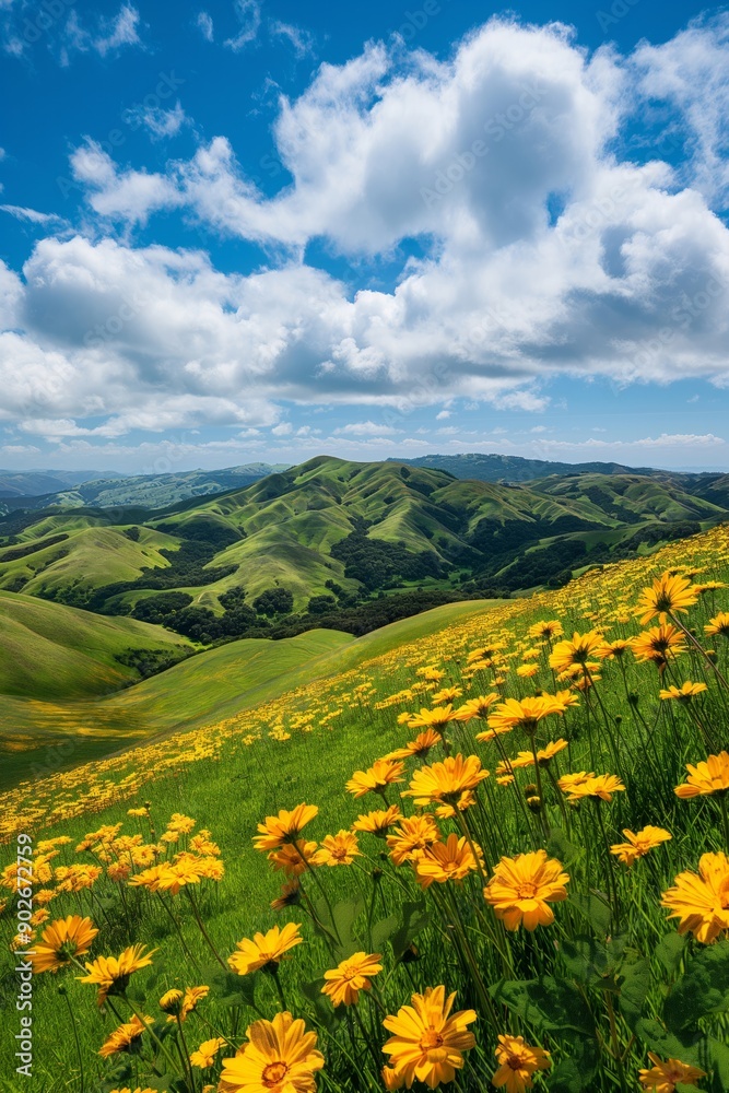 Beautiful landscape of rolling hills covered in yellow flowers under a vibrant blue sky with clouds, perfect for nature, travel, and scenic photography. Beautiful landscape of rolling hills covered in yellow flowers under a vibrant blue sky with clouds, perfect for nature, travel, and scenic photography.