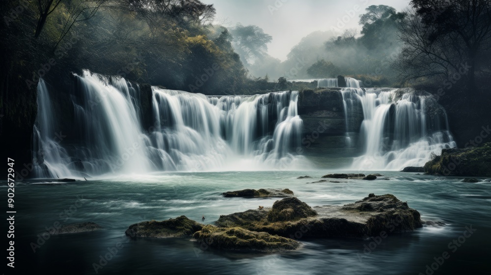 Fototapeta premium Beautiful waterfall on foggy river in evening landscape scene. Neural network ai generated art
