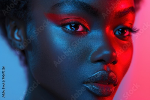 Dramatic portrait of a black woman with artistic red and blue lighting effects © Papukos