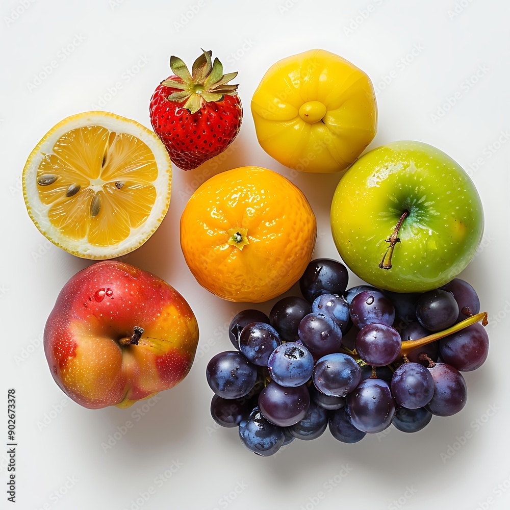 A vibrant assortment of fresh fruits including a sliced lemon, strawberry, yellow bell pepper, apple, orange, and grapes, perfect for healthy eating, nutrition, and diet concept designs, A vibrant assortment of fresh fruits including a sliced lemon, strawberry, yellow bell pepper, apple, orange, and grapes, perfect for healthy eating, nutrition, and diet concept designs,