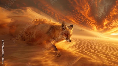 Fox Running Through the Desert at Sunset
