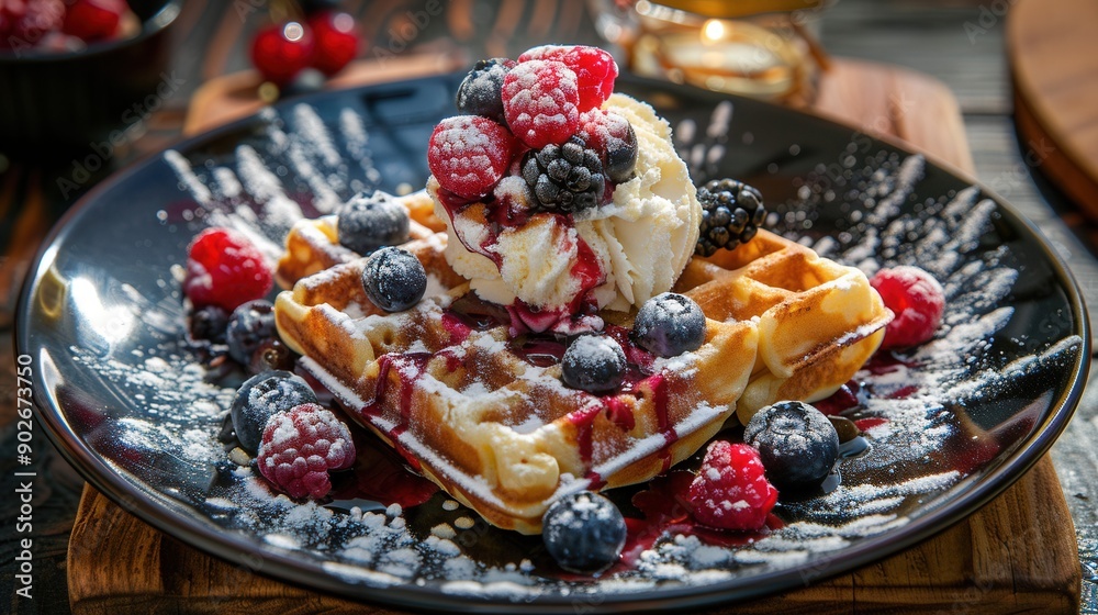 Plate of belgian waffles with ice cream, caramel sauce and fresh berries. Plate of belgian waffles with ice cream, caramel sauce and fresh berries.