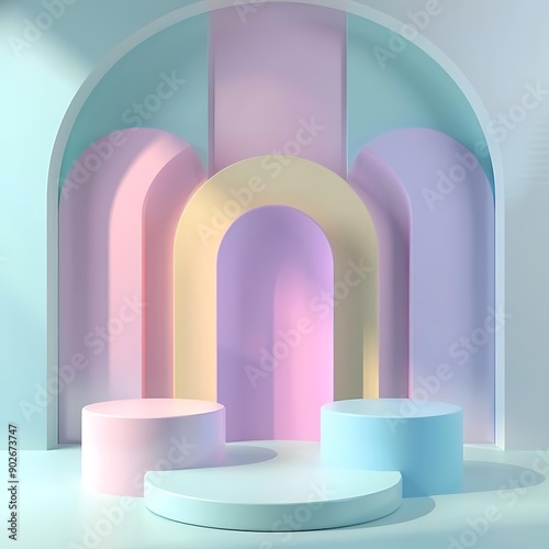 Pastel-colored arch and cylindrical podiums can be used for product displays, advertisements, or backgrounds it exudes modern design and aesthetics with a serene ambiance, photo