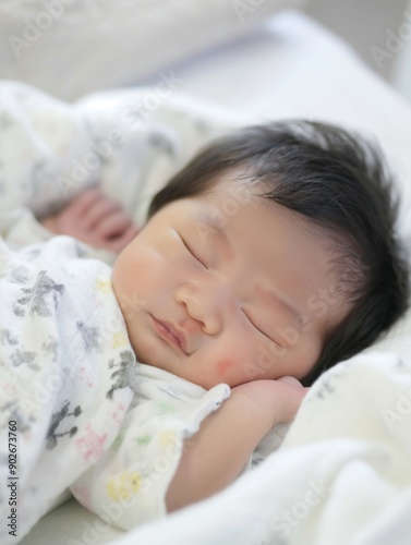 Close-up of a newborn baby sleeping peacefully, highlighting innocence and tranquility.