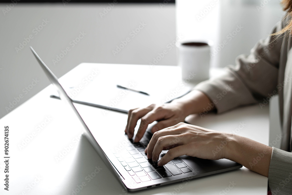 Fototapeta premium Business woman employer holding resume hiring recruit looking cv resume to hire candidates, analyzing information before job interview. Recruitment concepts