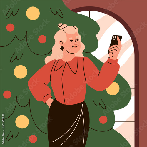 Young attractive girl takes selfies with decorated Christmas tree. Concept of xmas holiday. Vector New Year illustration.