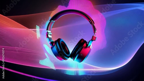 Vector illustration of a glowing background with headphones and DJ equipment, fea photo