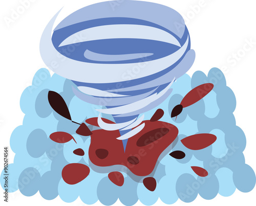 Cartoon illustration of a powerful tornado destroying everything on its way