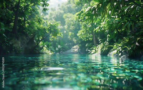 A serene jungle scene featuring lush green foliage and crystal-clear water ideal for nature, relaxation, and eco-themed projects,