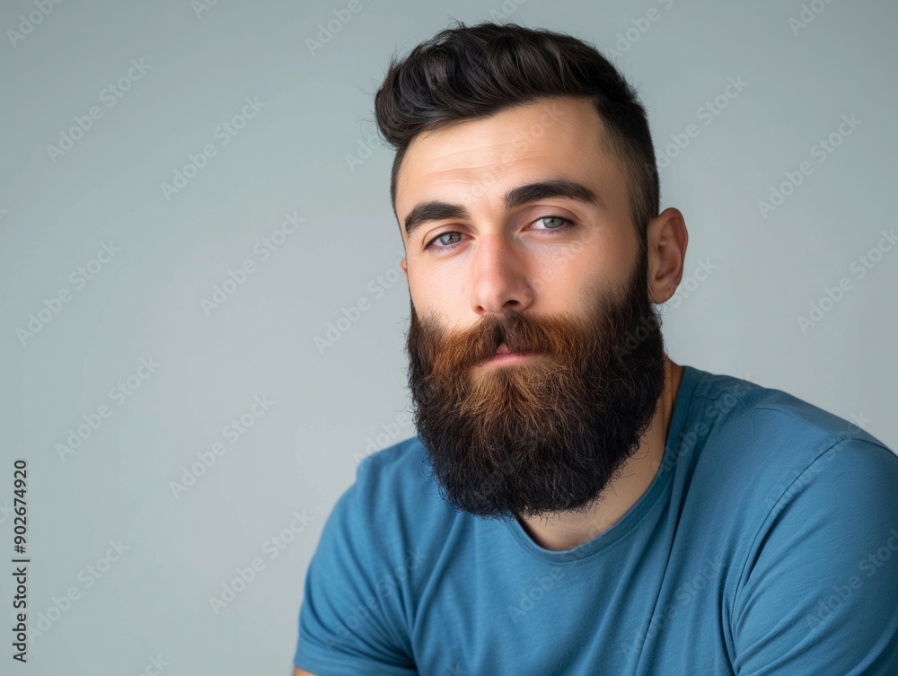Obraz premium Portrait of a bearded man with dark hair wearing a blue shirt, looking confidently at the camera against a neutral background.