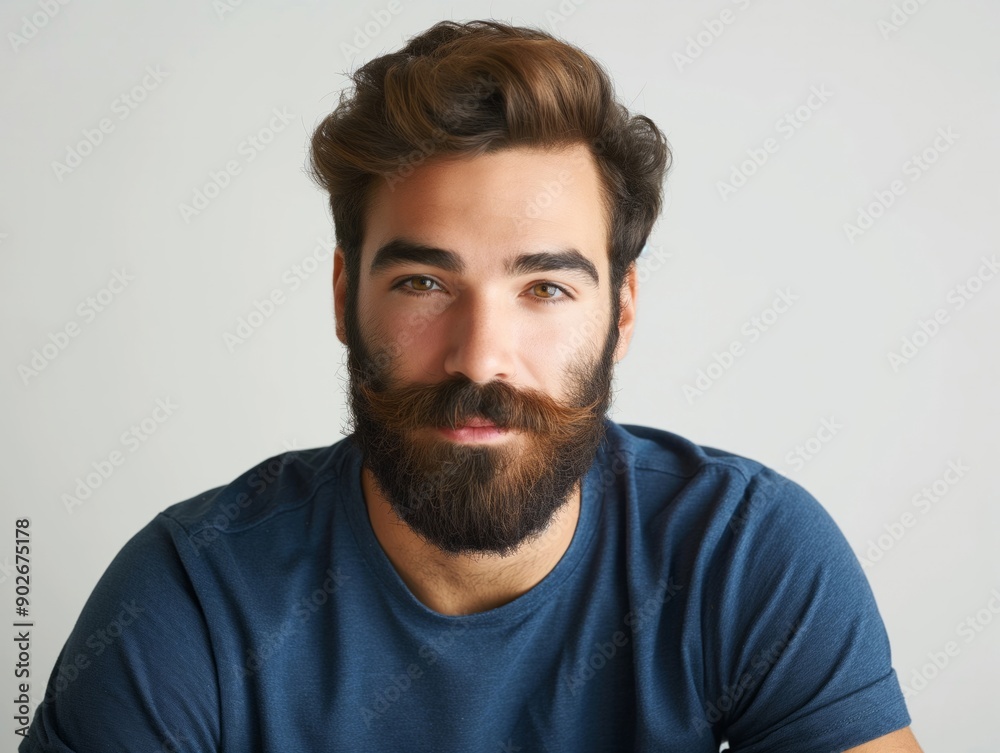 Portrait of a bearded man with dark hair wearing a blue shirt, looking confidently at the camera against a neutral background. Portrait of a bearded man with dark hair wearing a blue shirt, looking confidently at the camera against a neutral background.