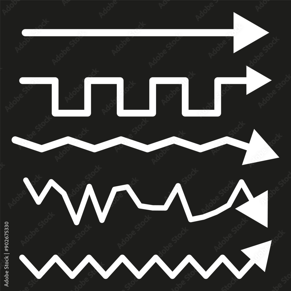 White arrows set. Various line styles. Vector arrow collection. Black background. White arrows set. Various line styles. Vector arrow collection. Black background.
