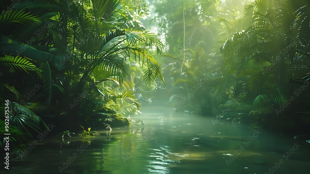 A lush, green rainforest with dense foliage surrounding a serene river, bathed in gentle sunlight, ideal for nature, travel, and relaxation themes, A lush, green rainforest with dense foliage surrounding a serene river, bathed in gentle sunlight, ideal for nature, travel, and relaxation themes,