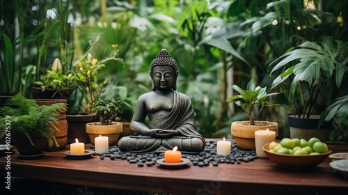 Buddha statue and many small candles in tropical jungle exterior. Neural network ai generated art