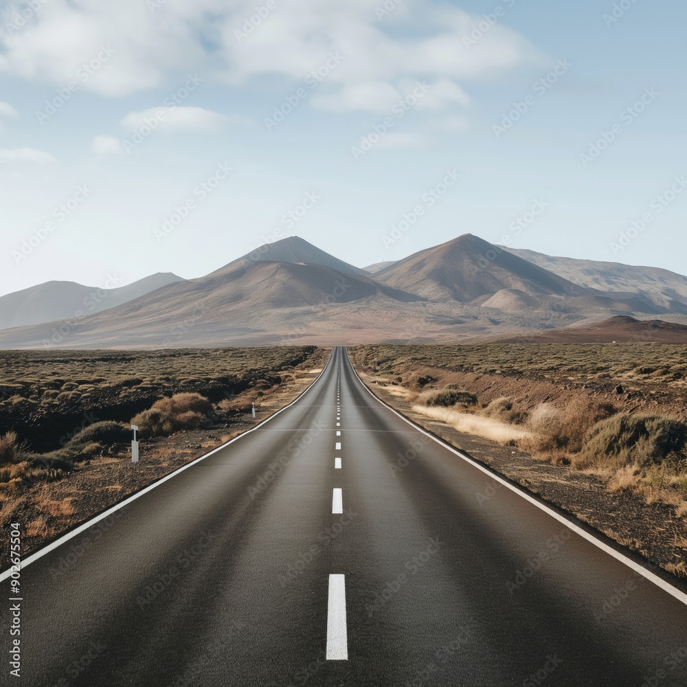 A perspective view of a long road stretching into the distance, leading towards majestic mountains under a bright blue sky, symbolizing adventure and exploration.