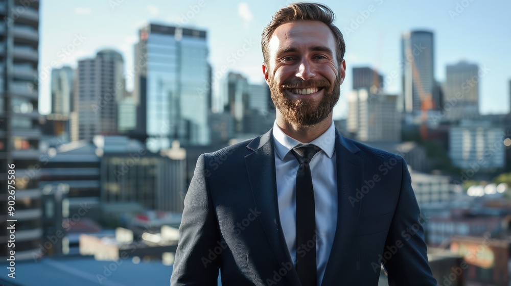 Fototapeta premium Smiling confidently in a business suit, with a city skyline in the background.